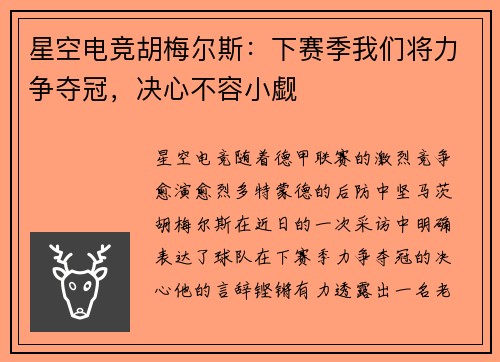星空电竞胡梅尔斯：下赛季我们将力争夺冠，决心不容小觑