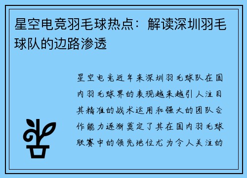 星空电竞羽毛球热点：解读深圳羽毛球队的边路渗透