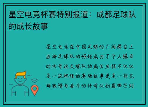星空电竞杯赛特别报道：成都足球队的成长故事