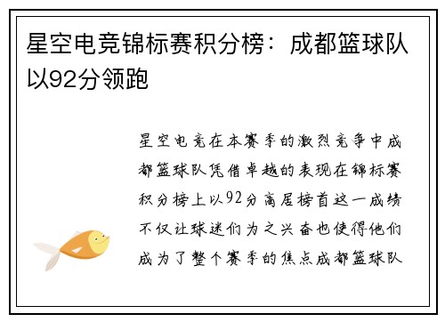 星空电竞锦标赛积分榜：成都篮球队以92分领跑