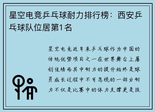 星空电竞乒乓球耐力排行榜：西安乒乓球队位居第1名