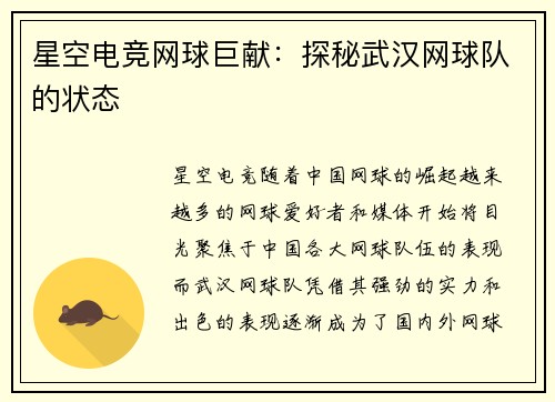 星空电竞网球巨献：探秘武汉网球队的状态