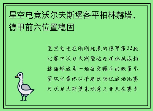 星空电竞沃尔夫斯堡客平柏林赫塔，德甲前六位置稳固