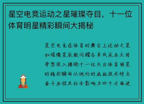 星空电竞运动之星璀璨夺目，十一位体育明星精彩瞬间大揭秘