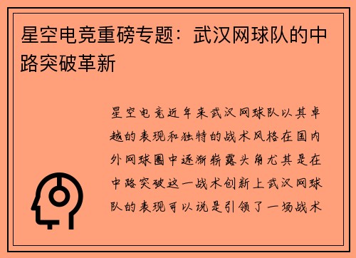 星空电竞重磅专题：武汉网球队的中路突破革新