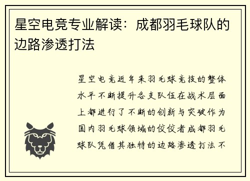 星空电竞专业解读：成都羽毛球队的边路渗透打法